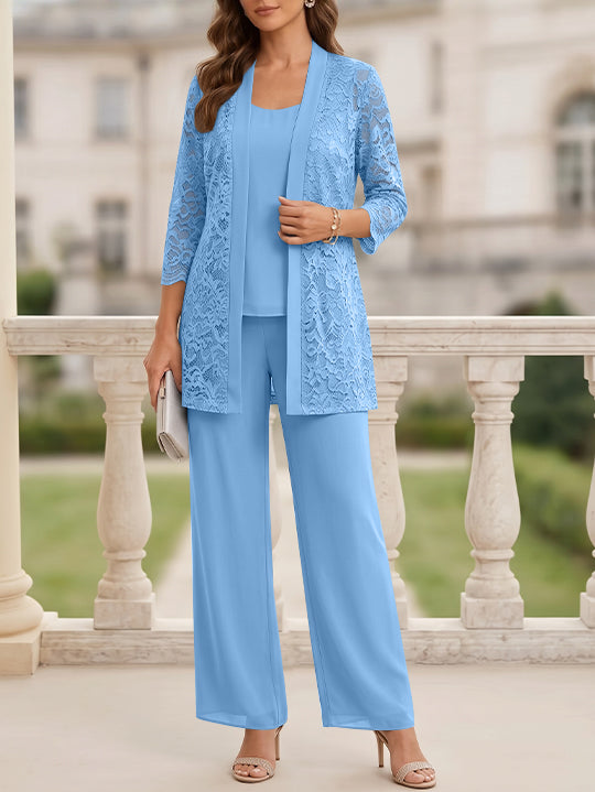 Tailleur 3 Pièces, Col Rond, Mousseline, Costume-Pantalon Mère de la Mariée avec Veste, Manches 3/4, Dentelle, Longueur au Sol