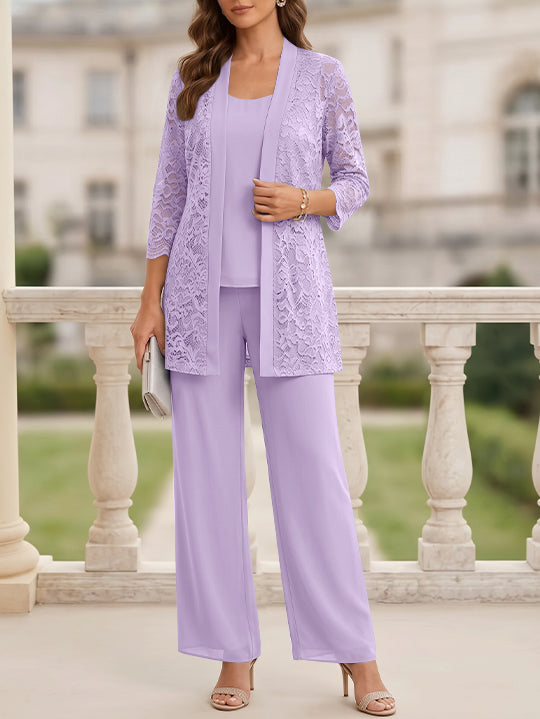 Tailleur 3 Pièces, Col Rond, Mousseline, Costume-Pantalon Mère de la Mariée avec Veste, Manches 3/4, Dentelle, Longueur au Sol