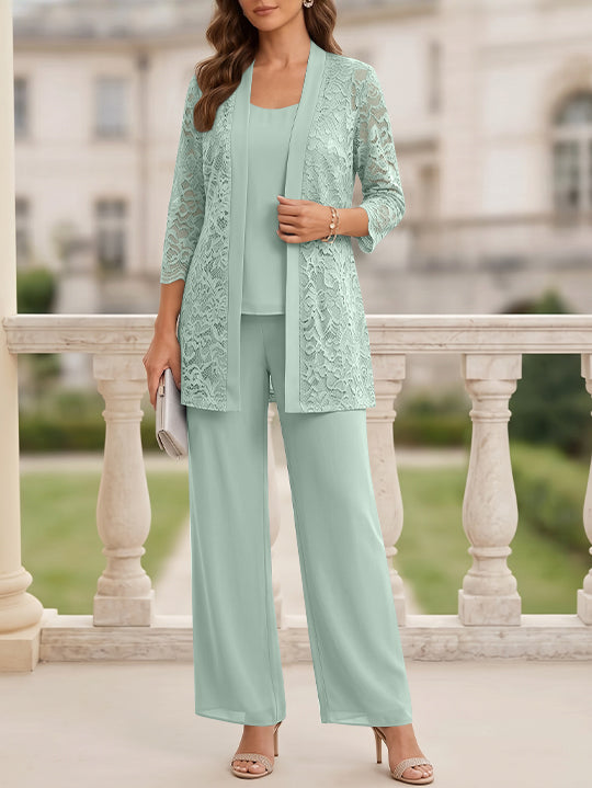 Tailleur 3 Pièces, Col Rond, Mousseline, Costume-Pantalon Mère de la Mariée avec Veste, Manches 3/4, Dentelle, Longueur au Sol