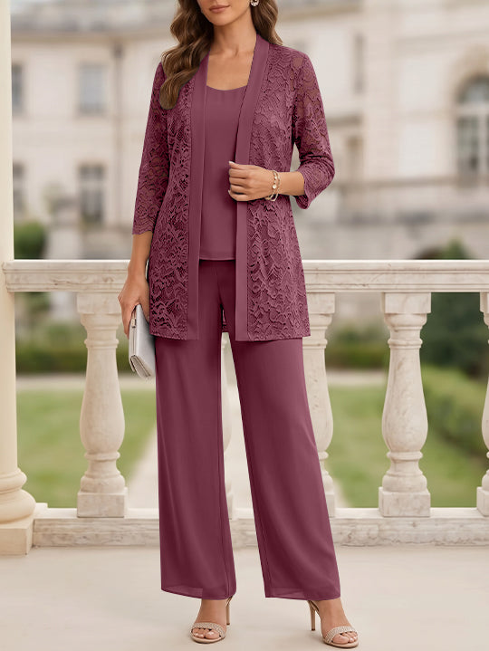 Tailleur 3 Pièces, Col Rond, Mousseline, Costume-Pantalon Mère de la Mariée avec Veste, Manches 3/4, Dentelle, Longueur au Sol