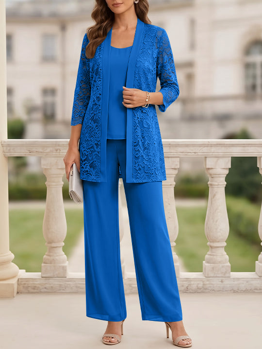 Tailleur 3 Pièces, Col Rond, Mousseline, Costume-Pantalon Mère de la Mariée avec Veste, Manches 3/4, Dentelle, Longueur au Sol