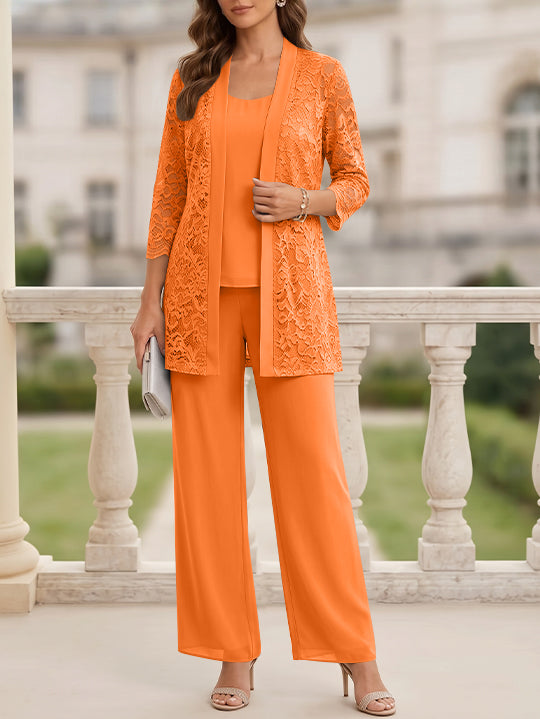 Tailleur 3 Pièces, Col Rond, Mousseline, Costume-Pantalon Mère de la Mariée avec Veste, Manches 3/4, Dentelle, Longueur au Sol