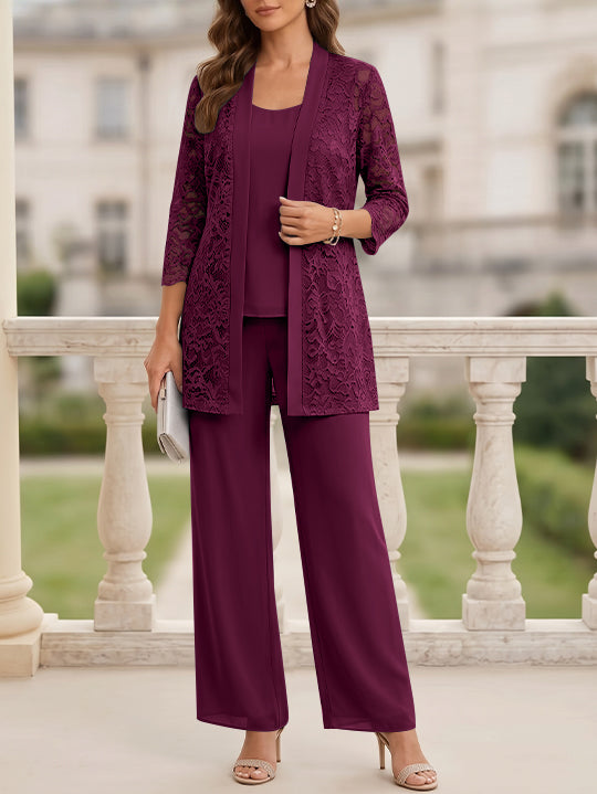 Tailleur 3 Pièces, Col Rond, Mousseline, Costume-Pantalon Mère de la Mariée avec Veste, Manches 3/4, Dentelle, Longueur au Sol