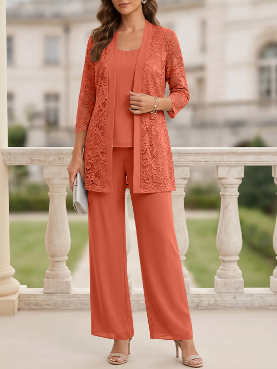 Tailleur 3 Pièces, Col Rond, Mousseline, Costume-Pantalon Mère de la Mariée avec Veste, Manches 3/4, Dentelle, Longueur au Sol