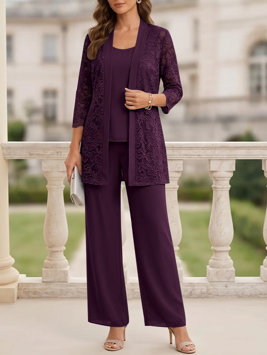 Tailleur 3 Pièces, Col Rond, Mousseline, Costume-Pantalon Mère de la Mariée avec Veste, Manches 3/4, Dentelle, Longueur au Sol