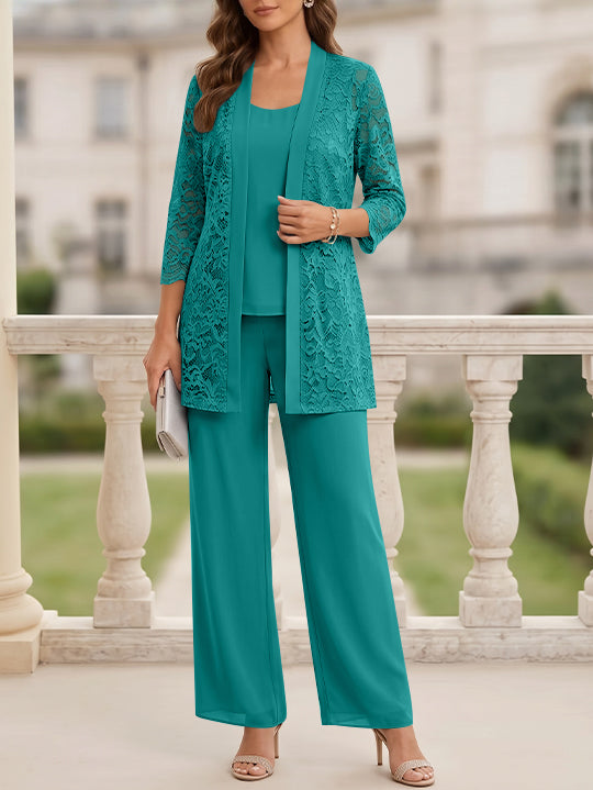 Tailleur 3 Pièces, Col Rond, Mousseline, Costume-Pantalon Mère de la Mariée avec Veste, Manches 3/4, Dentelle, Longueur au Sol