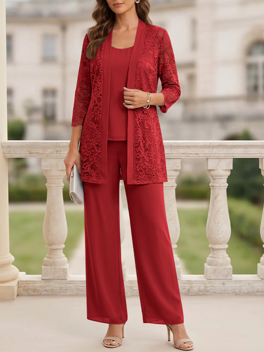 Tailleur 3 Pièces, Col Rond, Mousseline, Costume-Pantalon Mère de la Mariée avec Veste, Manches 3/4, Dentelle, Longueur au Sol