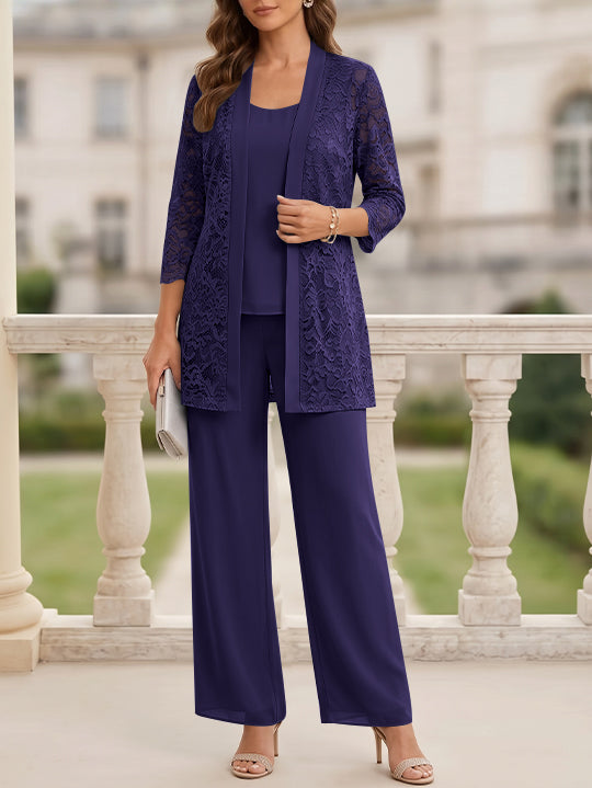 Tailleur 3 Pièces, Col Rond, Mousseline, Costume-Pantalon Mère de la Mariée avec Veste, Manches 3/4, Dentelle, Longueur au Sol