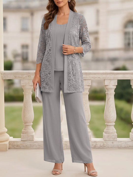 Tailleur 3 Pièces, Col Rond, Mousseline, Costume-Pantalon Mère de la Mariée avec Veste, Manches 3/4, Dentelle, Longueur au Sol