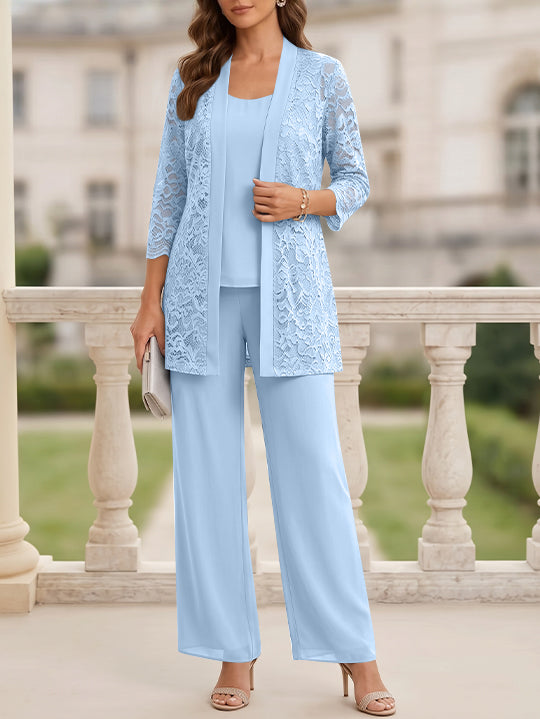 Tailleur 3 Pièces, Col Rond, Mousseline, Costume-Pantalon Mère de la Mariée avec Veste, Manches 3/4, Dentelle, Longueur au Sol