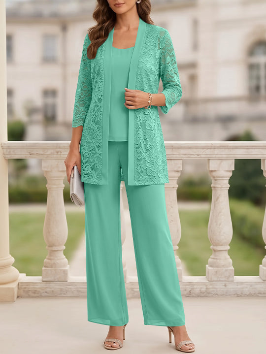 Tailleur 3 Pièces, Col Rond, Mousseline, Costume-Pantalon Mère de la Mariée avec Veste, Manches 3/4, Dentelle, Longueur au Sol