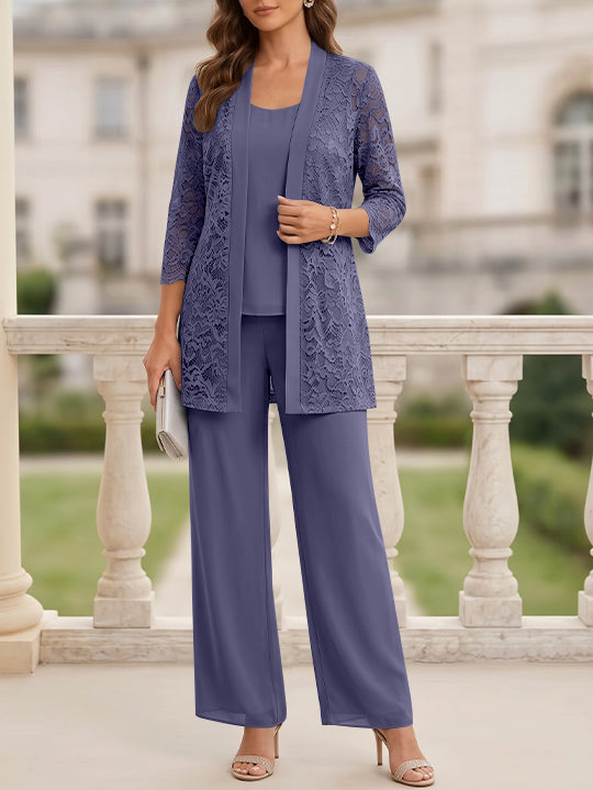 Tailleur 3 Pièces, Col Rond, Mousseline, Costume-Pantalon Mère de la Mariée avec Veste, Manches 3/4, Dentelle, Longueur au Sol