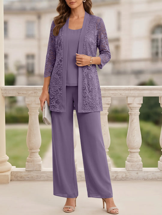 Tailleur 3 Pièces, Col Rond, Mousseline, Costume-Pantalon Mère de la Mariée avec Veste, Manches 3/4, Dentelle, Longueur au Sol