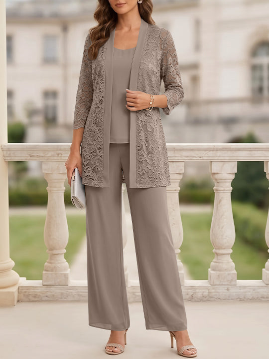 Tailleur 3 Pièces, Col Rond, Mousseline, Costume-Pantalon Mère de la Mariée avec Veste, Manches 3/4, Dentelle, Longueur au Sol