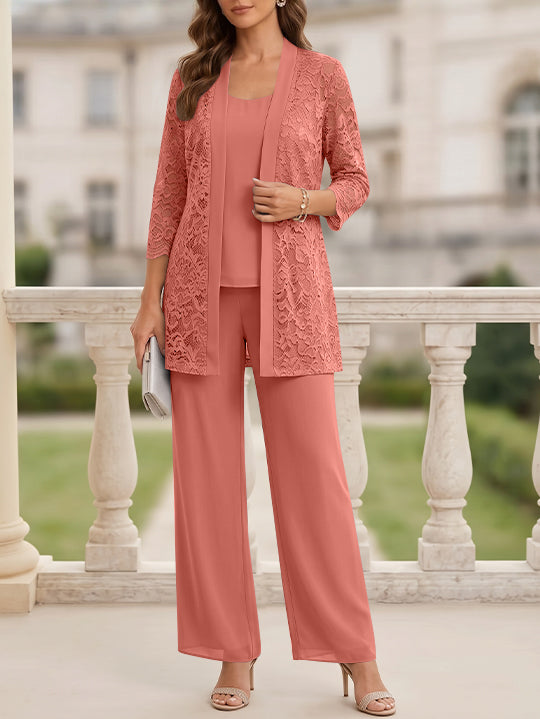 Tailleur 3 Pièces, Col Rond, Mousseline, Costume-Pantalon Mère de la Mariée avec Veste, Manches 3/4, Dentelle, Longueur au Sol