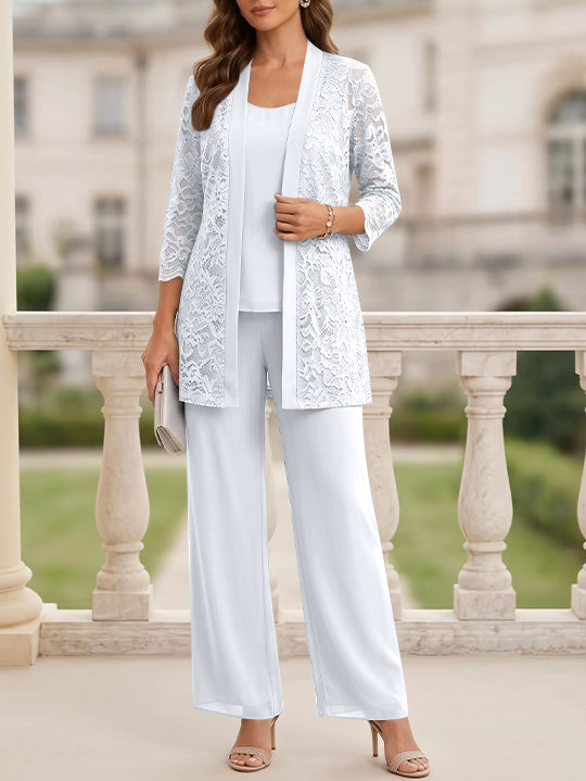 Tailleur 3 Pièces, Col Rond, Mousseline, Costume-Pantalon Mère de la Mariée avec Veste, Manches 3/4, Dentelle, Longueur au Sol
