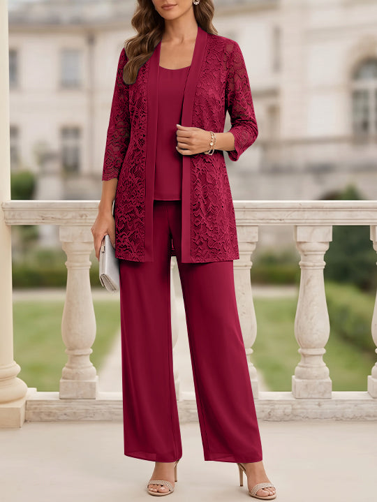Tailleur 3 Pièces, Col Rond, Mousseline, Costume-Pantalon Mère de la Mariée avec Veste, Manches 3/4, Dentelle, Longueur au Sol