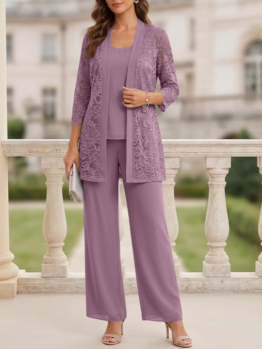 Tailleur 3 Pièces, Col Rond, Mousseline, Costume-Pantalon Mère de la Mariée avec Veste, Manches 3/4, Dentelle, Longueur au Sol