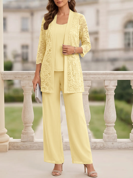 Tailleur 3 Pièces, Col Rond, Mousseline, Costume-Pantalon Mère de la Mariée avec Veste, Manches 3/4, Dentelle, Longueur au Sol