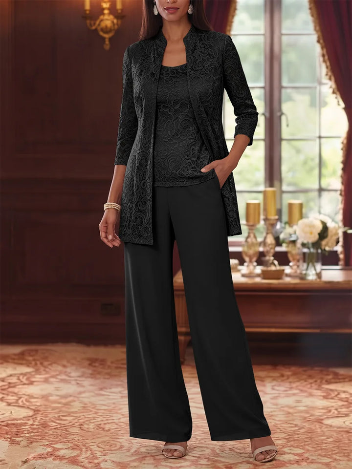 Tailleur 3 Pièces, Col Rond, Mousseline, Costume-Pantalon Mère de la Mariée avec Veste, Manches 3/4, Dentelle, Longueur à la Cheville