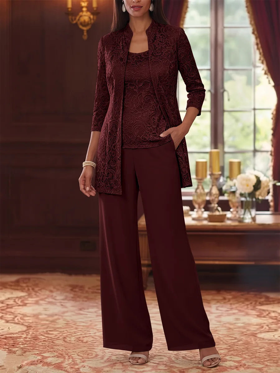 Tailleur 3 Pièces, Col Rond, Mousseline, Costume-Pantalon Mère de la Mariée avec Veste, Manches 3/4, Dentelle, Longueur à la Cheville