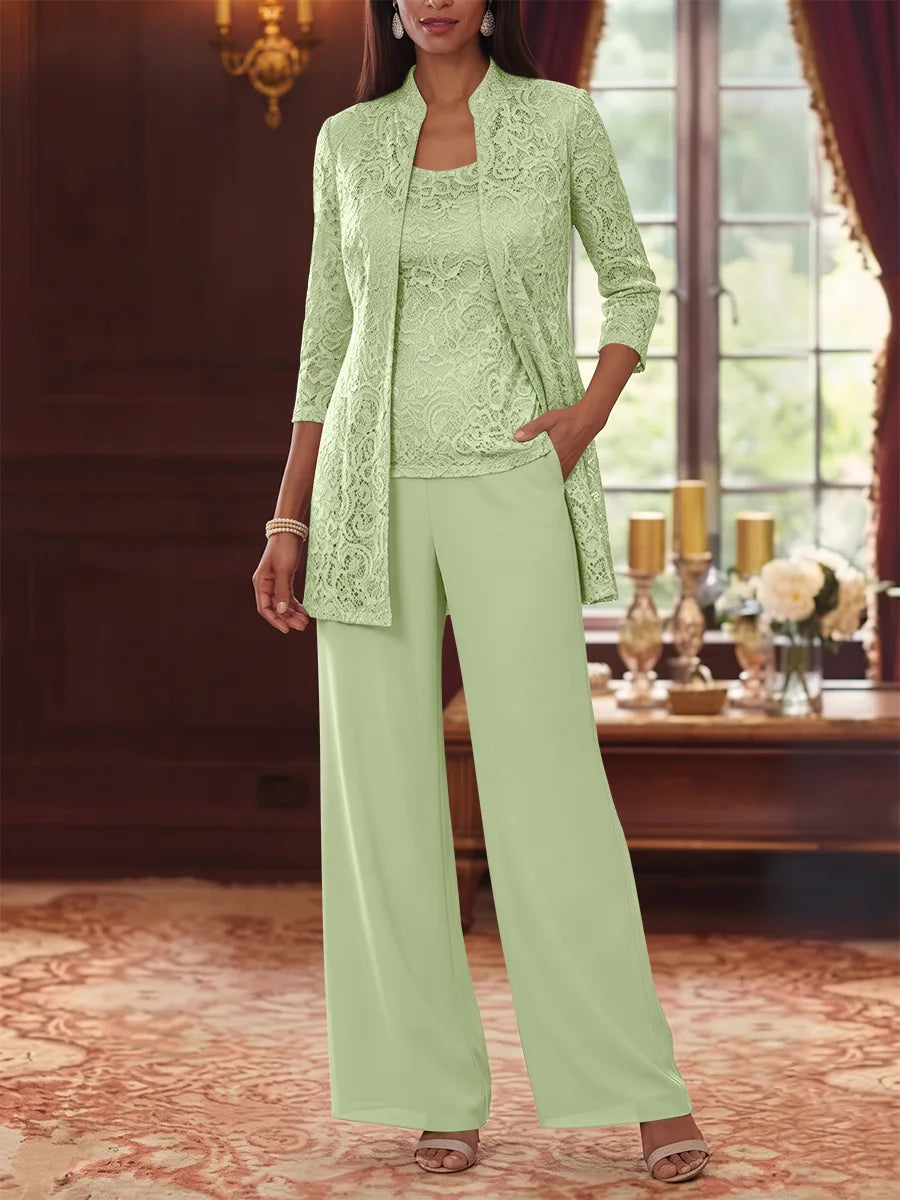 Tailleur 3 Pièces, Col Rond, Mousseline, Costume-Pantalon Mère de la Mariée avec Veste, Manches 3/4, Dentelle, Longueur à la Cheville