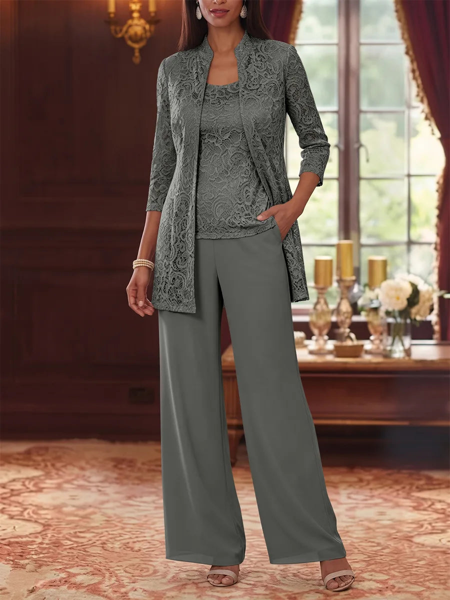 Tailleur 3 Pièces, Col Rond, Mousseline, Costume-Pantalon Mère de la Mariée avec Veste, Manches 3/4, Dentelle, Longueur à la Cheville