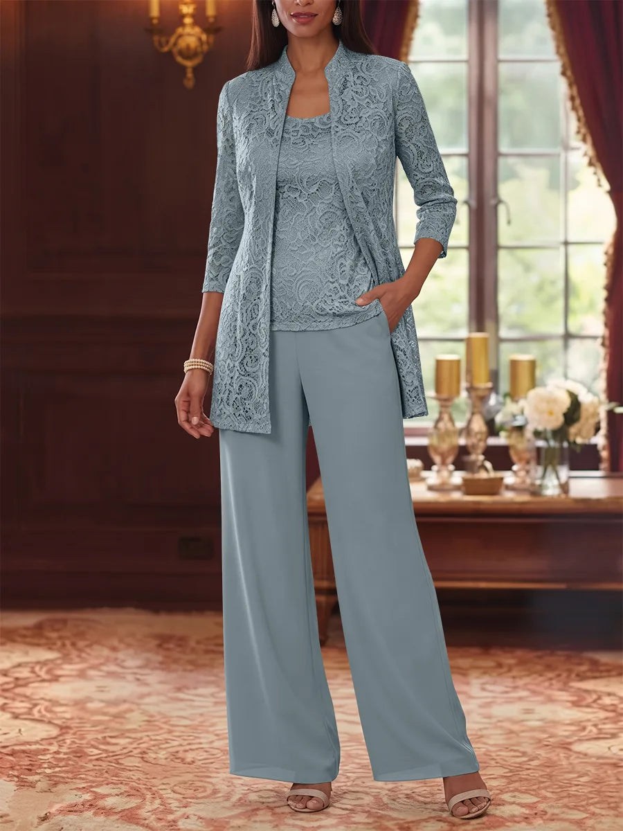 Tailleur 3 Pièces, Col Rond, Mousseline, Costume-Pantalon Mère de la Mariée avec Veste, Manches 3/4, Dentelle, Longueur à la Cheville