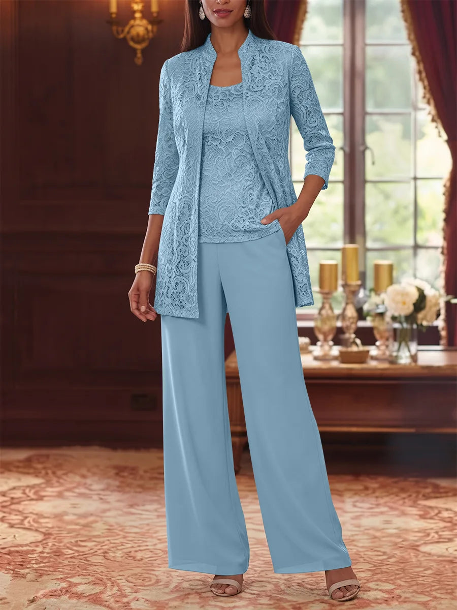 Tailleur 3 Pièces, Col Rond, Mousseline, Costume-Pantalon Mère de la Mariée avec Veste, Manches 3/4, Dentelle, Longueur à la Cheville