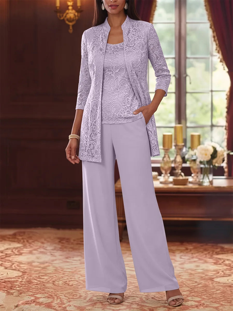 Tailleur 3 Pièces, Col Rond, Mousseline, Costume-Pantalon Mère de la Mariée avec Veste, Manches 3/4, Dentelle, Longueur à la Cheville