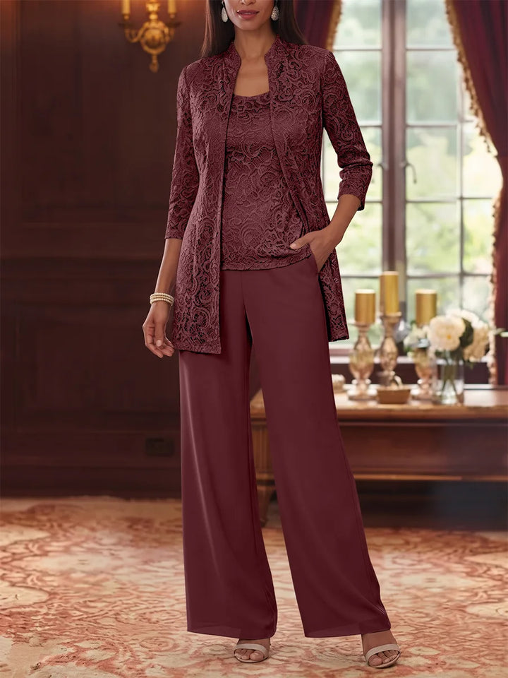 Tailleur 3 Pièces, Col Rond, Mousseline, Costume-Pantalon Mère de la Mariée avec Veste, Manches 3/4, Dentelle, Longueur à la Cheville