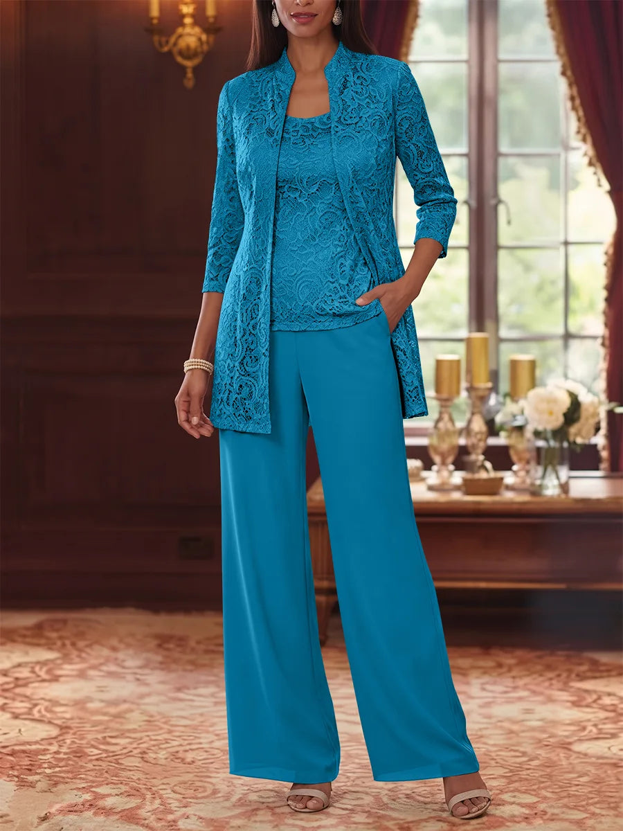 Tailleur 3 Pièces, Col Rond, Mousseline, Costume-Pantalon Mère de la Mariée avec Veste, Manches 3/4, Dentelle, Longueur à la Cheville