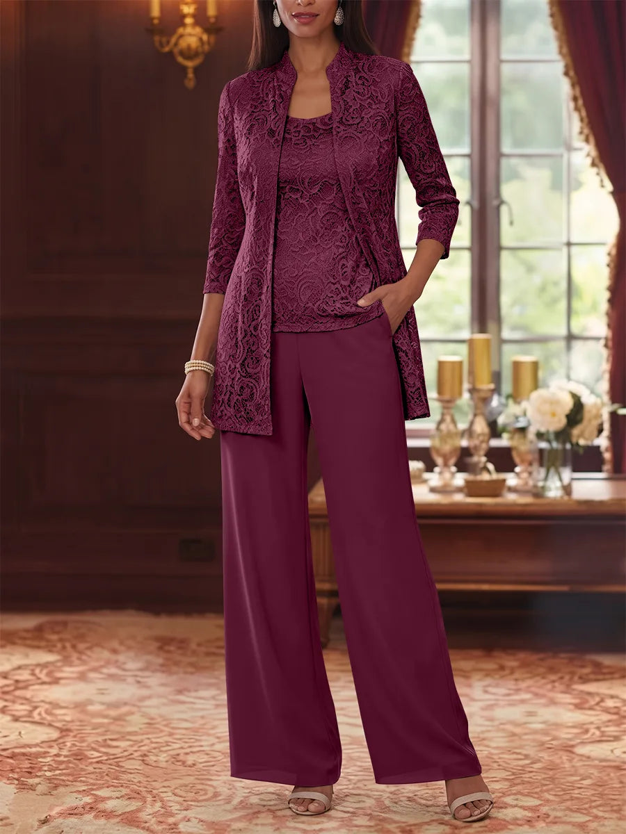 Tailleur 3 Pièces, Col Rond, Mousseline, Costume-Pantalon Mère de la Mariée avec Veste, Manches 3/4, Dentelle, Longueur à la Cheville