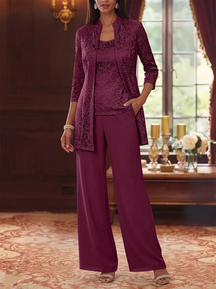 Tailleur 3 Pièces, Col Rond, Mousseline, Costume-Pantalon Mère de la Mariée avec Veste, Manches 3/4, Dentelle, Longueur à la Cheville