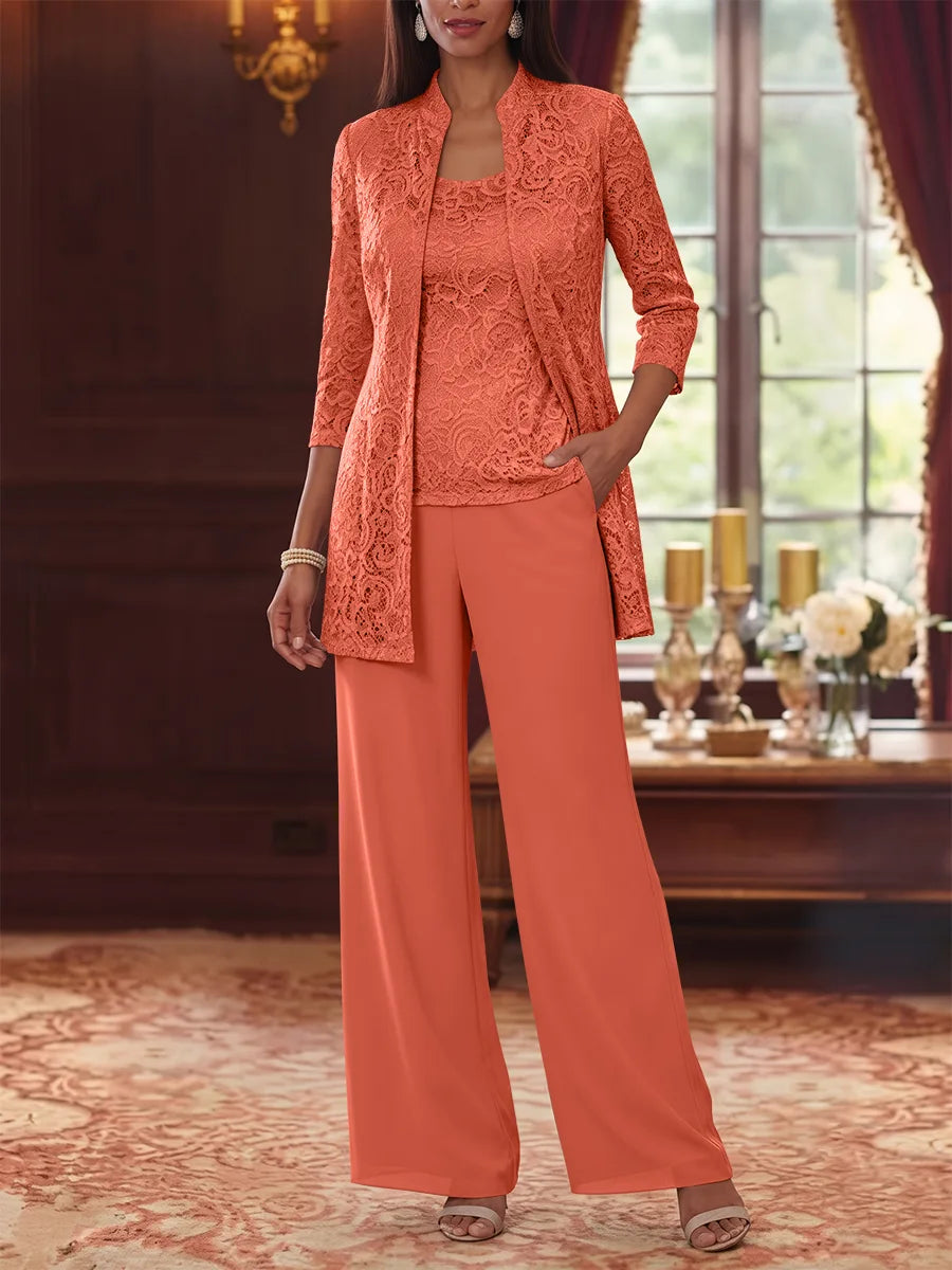 Tailleur 3 Pièces, Col Rond, Mousseline, Costume-Pantalon Mère de la Mariée avec Veste, Manches 3/4, Dentelle, Longueur à la Cheville