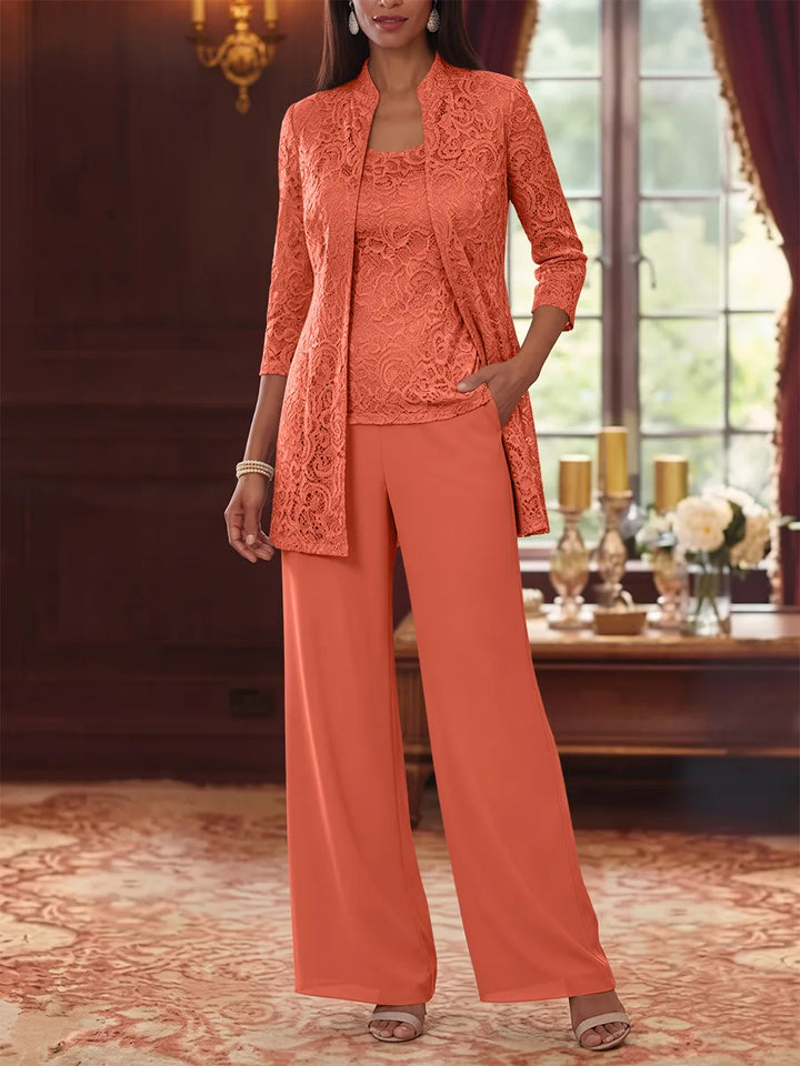 Tailleur 3 Pièces, Col Rond, Mousseline, Costume-Pantalon Mère de la Mariée avec Veste, Manches 3/4, Dentelle, Longueur à la Cheville
