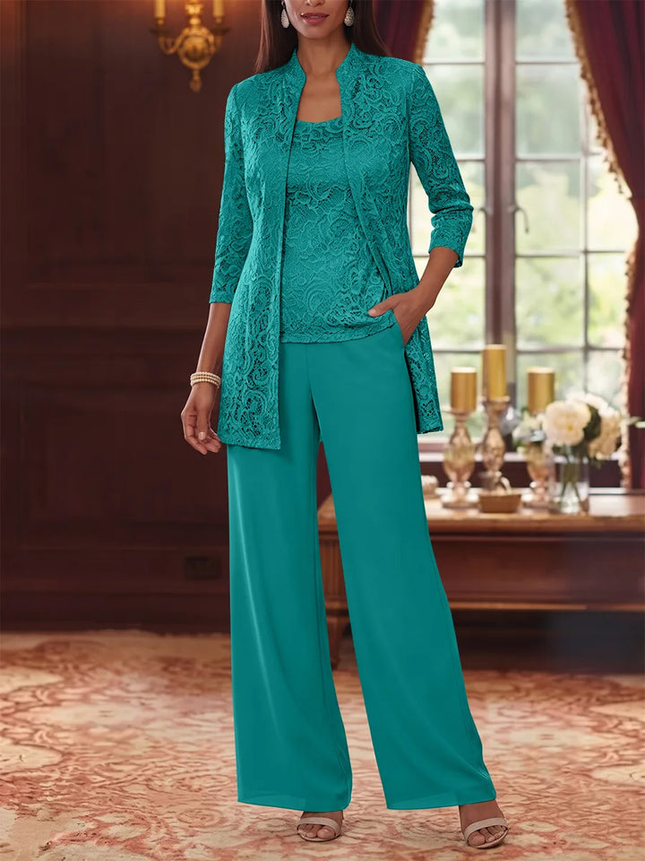 Tailleur 3 Pièces, Col Rond, Mousseline, Costume-Pantalon Mère de la Mariée avec Veste, Manches 3/4, Dentelle, Longueur à la Cheville