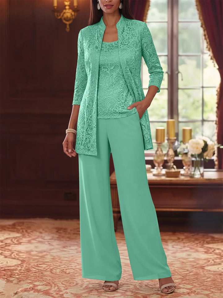 Tailleur 3 Pièces, Col Rond, Mousseline, Costume-Pantalon Mère de la Mariée avec Veste, Manches 3/4, Dentelle, Longueur à la Cheville