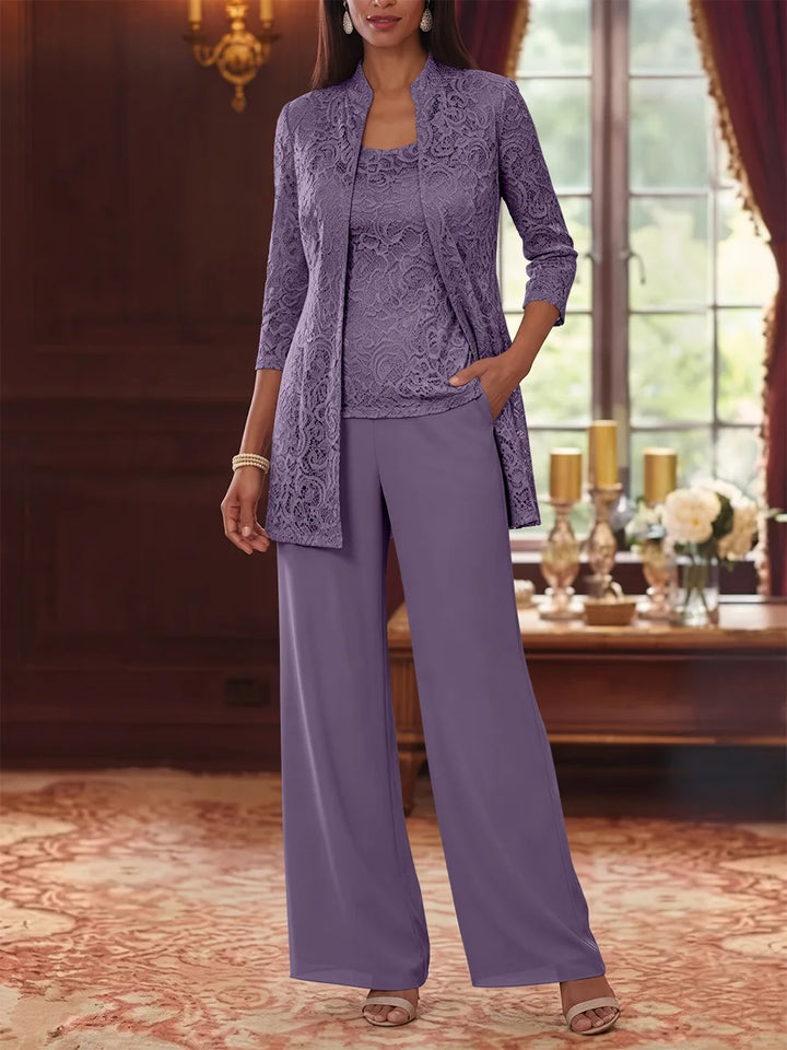 Tailleur 3 Pièces, Col Rond, Mousseline, Costume-Pantalon Mère de la Mariée avec Veste, Manches 3/4, Dentelle, Longueur à la Cheville