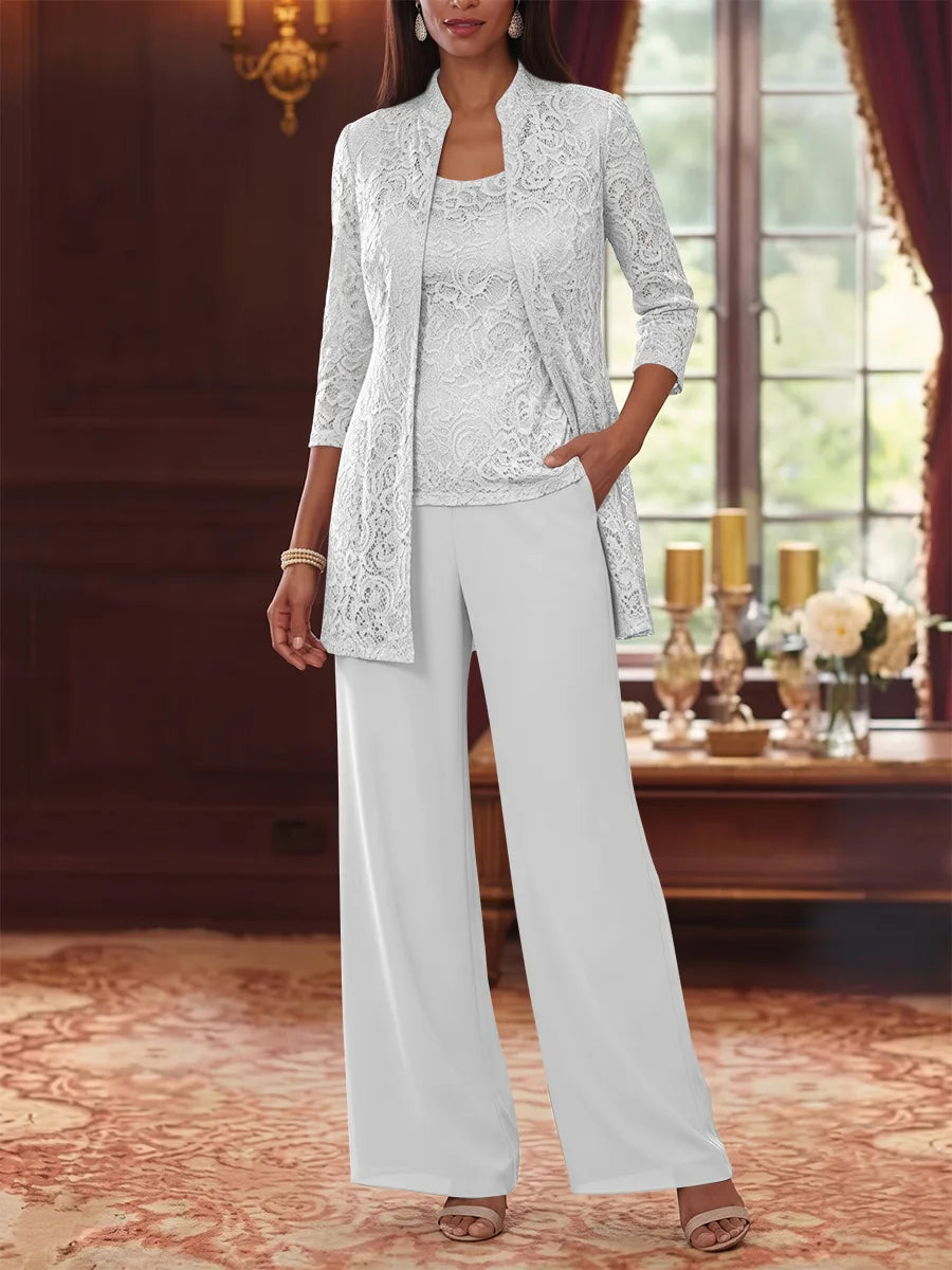 Tailleur 3 Pièces, Col Rond, Mousseline, Costume-Pantalon Mère de la Mariée avec Veste, Manches 3/4, Dentelle, Longueur à la Cheville