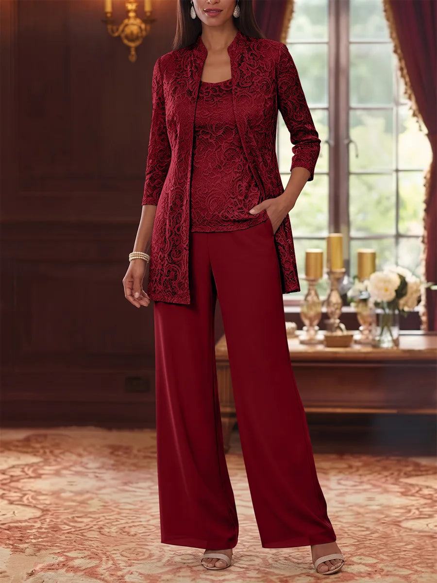 Tailleur 3 Pièces, Col Rond, Mousseline, Costume-Pantalon Mère de la Mariée avec Veste, Manches 3/4, Dentelle, Longueur à la Cheville