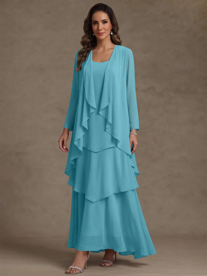 Robe Mère de la Mariée, Forme A/Princesse, Col Rond, Mousseline, avec Veste et Volants, Manches Longues, Longueur à la Cheville