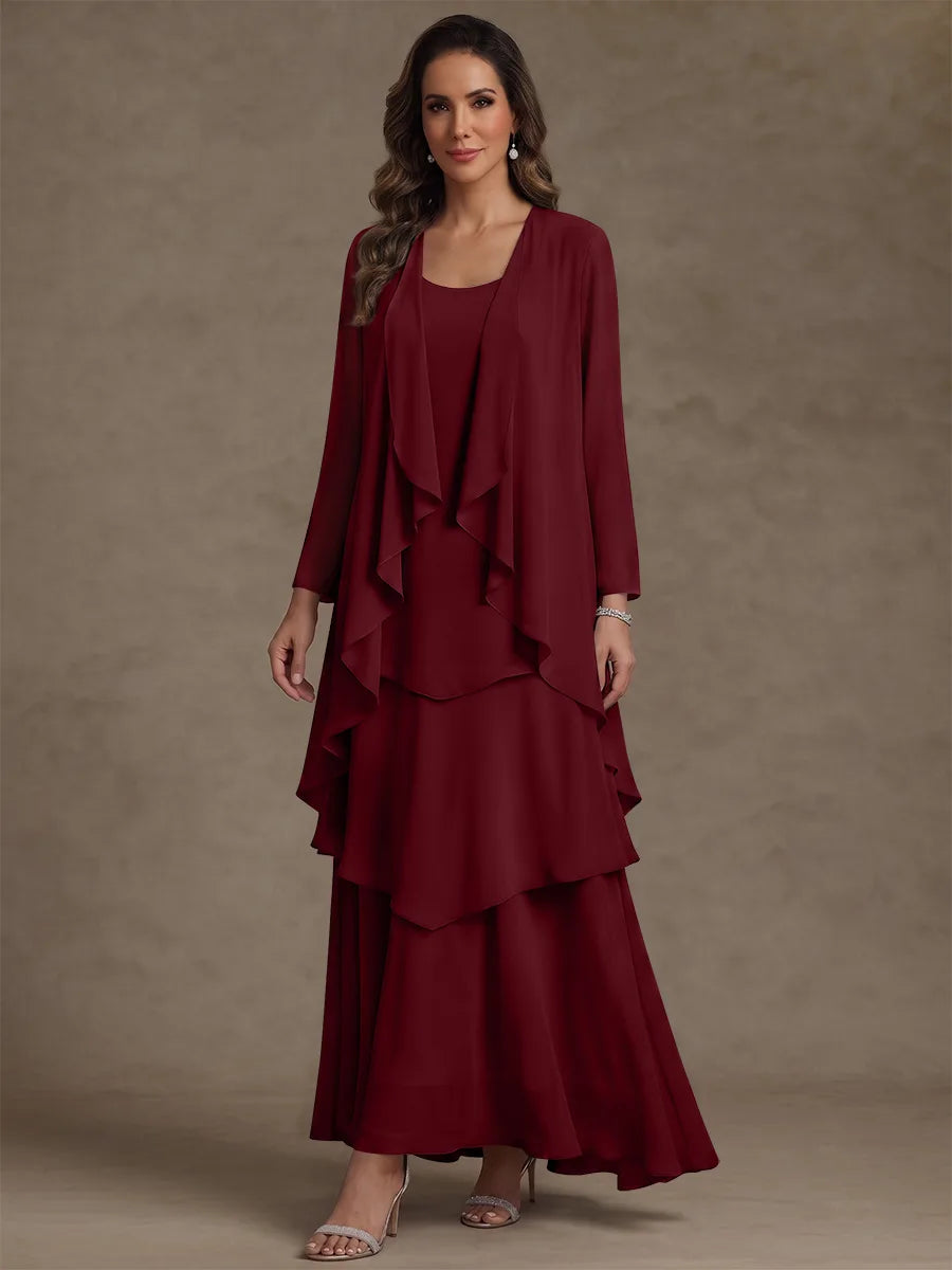Robe Mère de la Mariée, Forme A/Princesse, Col Rond, Mousseline, avec Veste et Volants, Manches Longues, Longueur à la Cheville