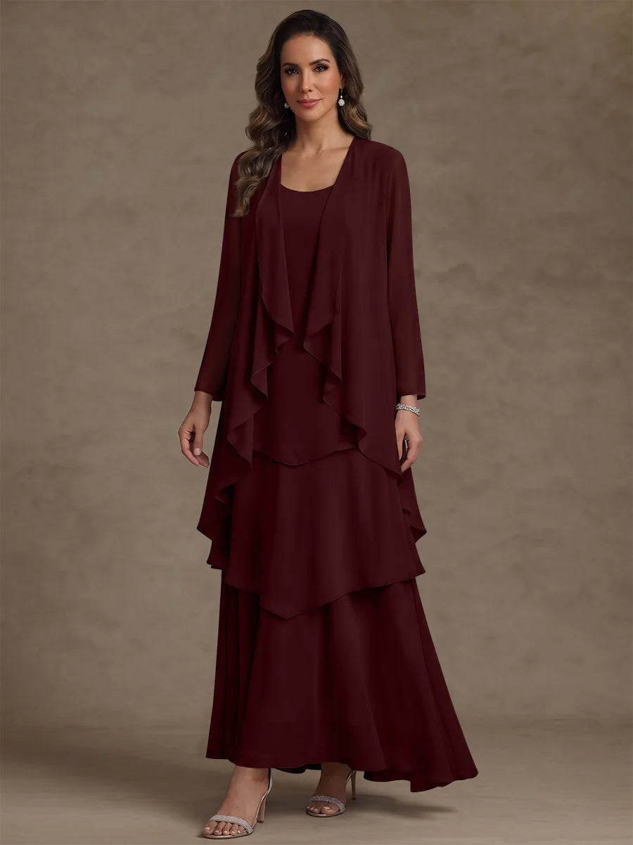Robe Mère de la Mariée, Forme A/Princesse, Col Rond, Mousseline, avec Veste et Volants, Manches Longues, Longueur à la Cheville