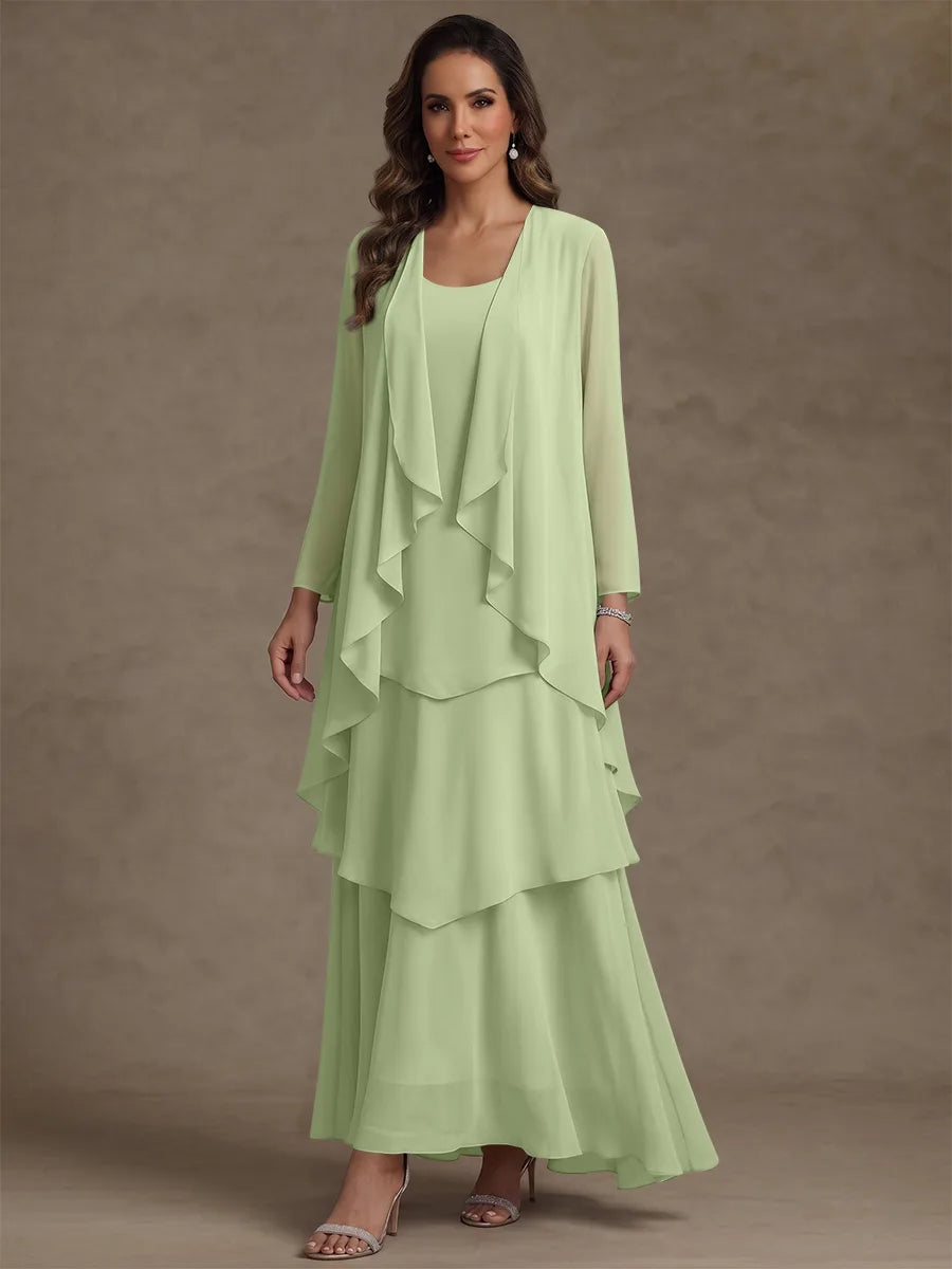 Robe Mère de la Mariée, Forme A/Princesse, Col Rond, Mousseline, avec Veste et Volants, Manches Longues, Longueur à la Cheville