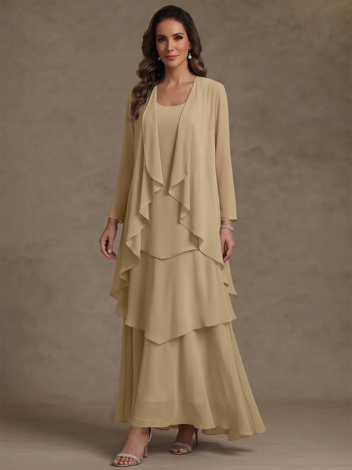 Robe Mère de la Mariée, Forme A/Princesse, Col Rond, Mousseline, avec Veste et Volants, Manches Longues, Longueur à la Cheville