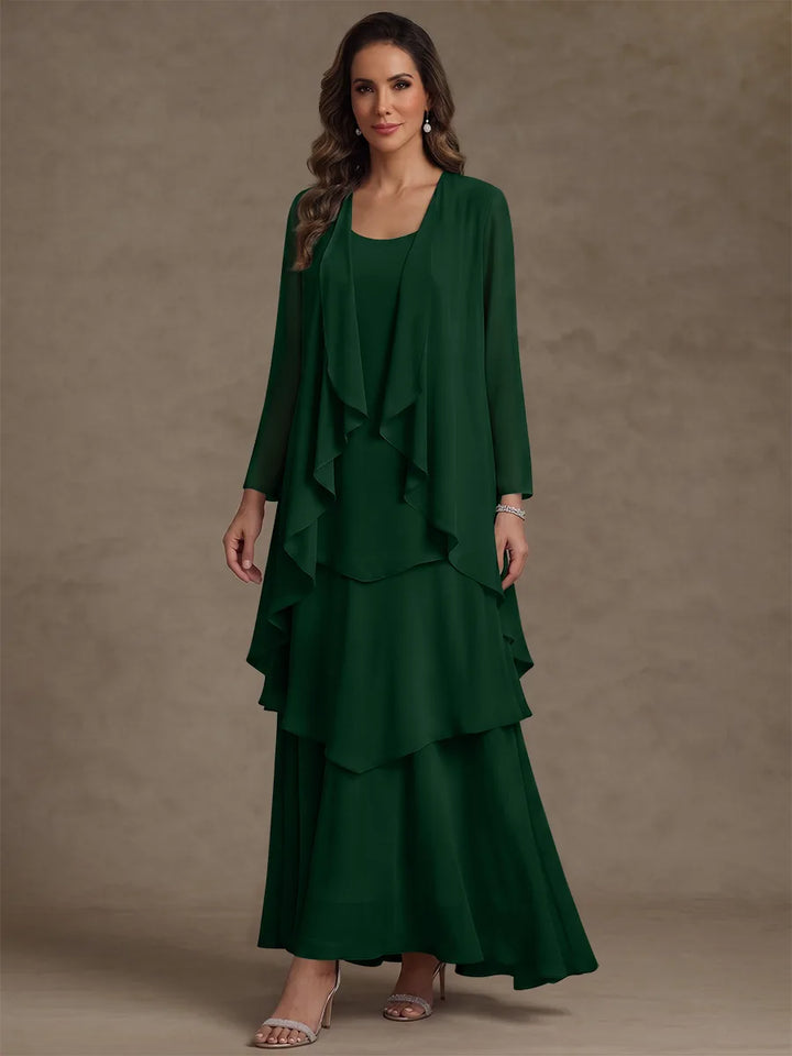 Robe Mère de la Mariée, Forme A/Princesse, Col Rond, Mousseline, avec Veste et Volants, Manches Longues, Longueur à la Cheville