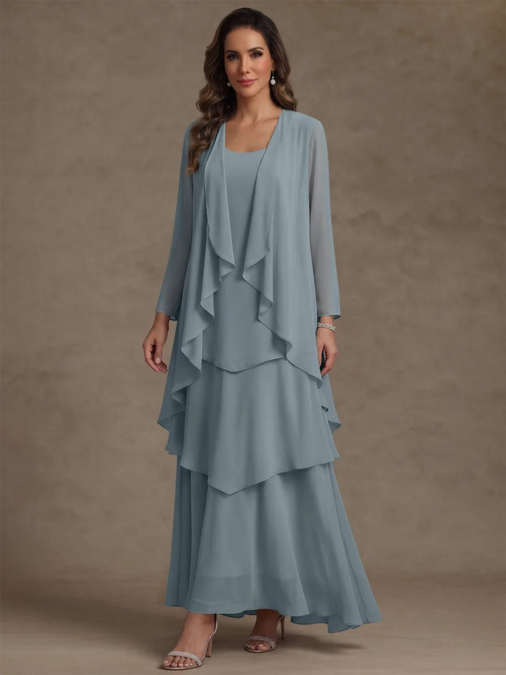 Robe Mère de la Mariée, Forme A/Princesse, Col Rond, Mousseline, avec Veste et Volants, Manches Longues, Longueur à la Cheville
