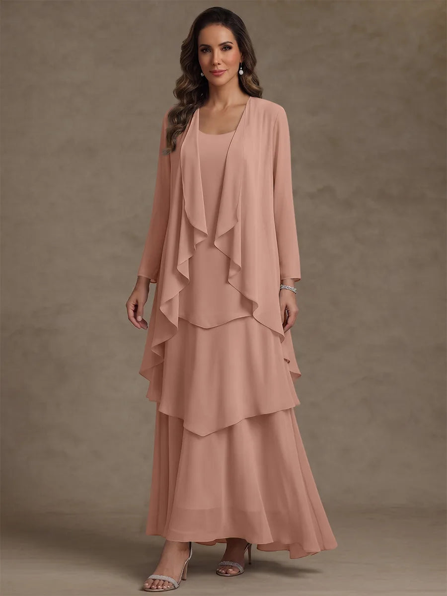Robe Mère de la Mariée, Forme A/Princesse, Col Rond, Mousseline, avec Veste et Volants, Manches Longues, Longueur à la Cheville