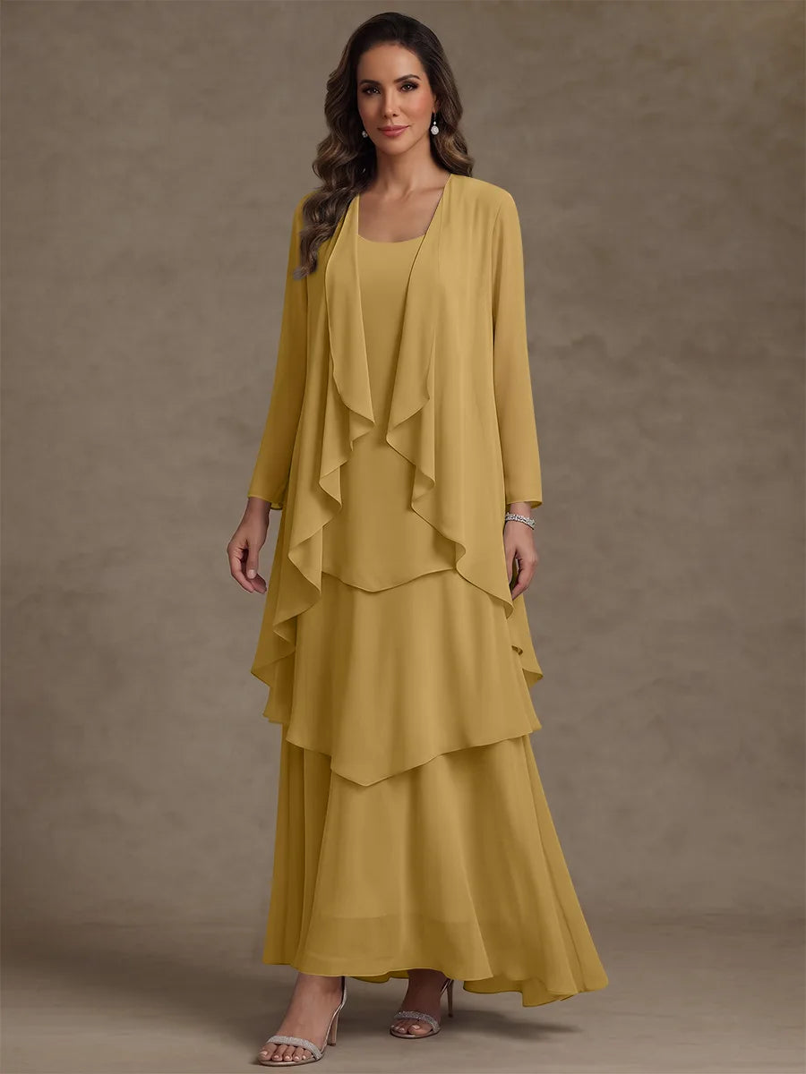 Robe Mère de la Mariée, Forme A/Princesse, Col Rond, Mousseline, avec Veste et Volants, Manches Longues, Longueur à la Cheville